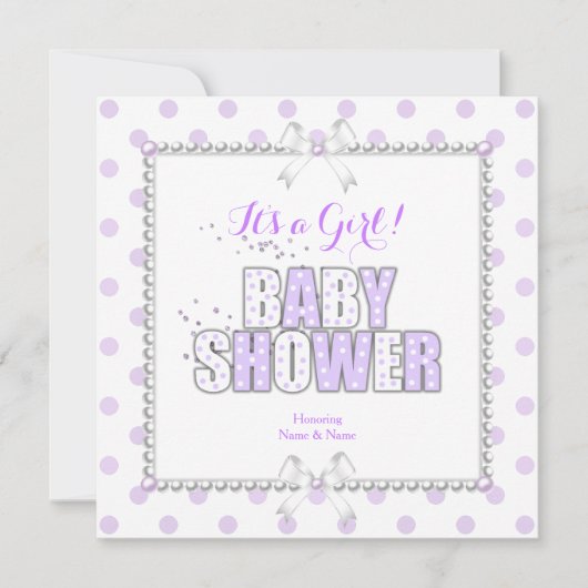 Baby Shower Girl Lila White Polka Dots Pearls Einladung (Vorderseite)