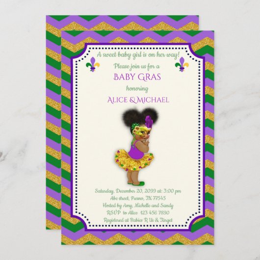 Baby Shower Girl, Mardi Gras Girl, gold, Zickzack Einladung (Vorne/Hinten)