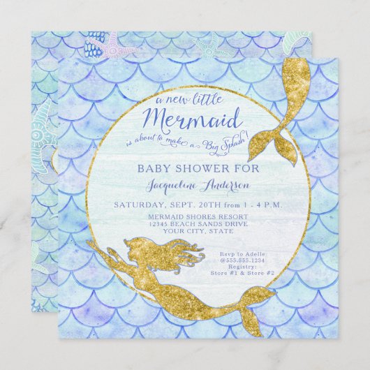Baby Shower Girl Meerjungfrau Wasserfarbenskala in Einladung (Vorne/Hinten)