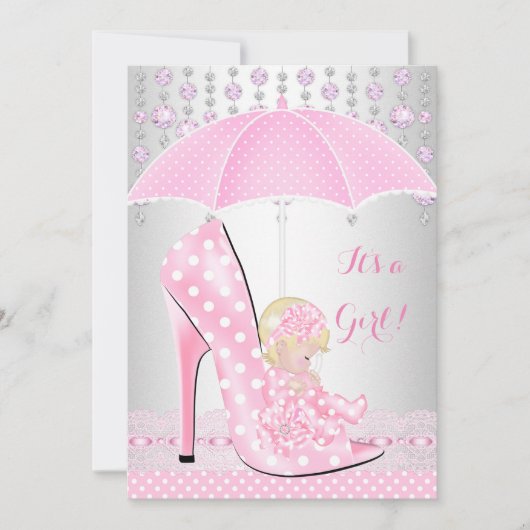Baby Shower Girl Pink Baby Schuhe Diamant A2 Einladung (Vorderseite)
