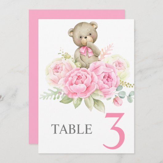 Baby Shower Girl Pink BearTable sign Einladung (Vorne/Hinten)