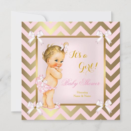 Baby Shower Girl Pink Gold Zickzack Blonde Einladung (Vorderseite)