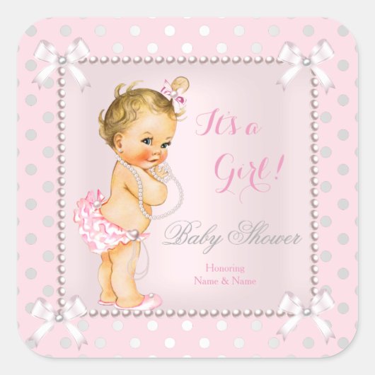 Baby Shower Girl Pink Gray Pearl Blonde Quadratischer Aufkleber (Vorderseite)