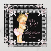 Baby Shower Girl Pink Pearls Black Blonde Einladung (Vorne/Hinten)