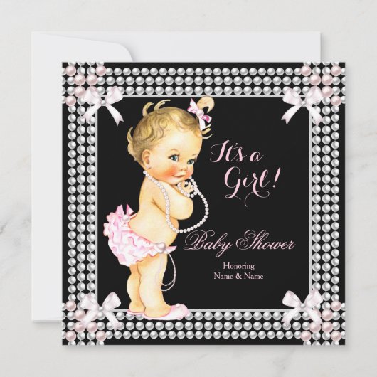 Baby Shower Girl Pink Pearls Black Blonde Einladung (Vorderseite)