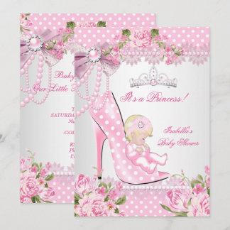 Baby Shower Girl Pink Rose Polka Dots High Heels B Einladung