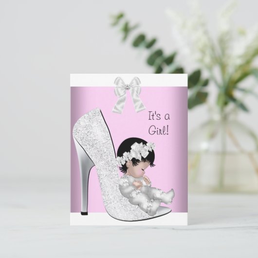 Baby Shower Girl Pink Silver White Glitzer Shoe Einladung (Stehend Vorderseite)