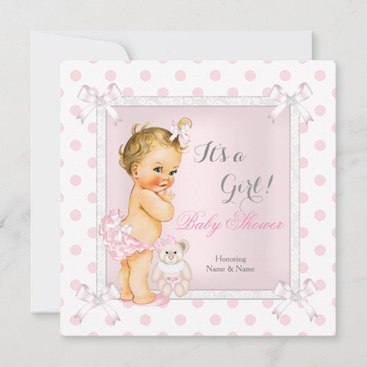Baby Shower Girl Pink Toy Polka Dot Blonde Einladung (Vorderseite)