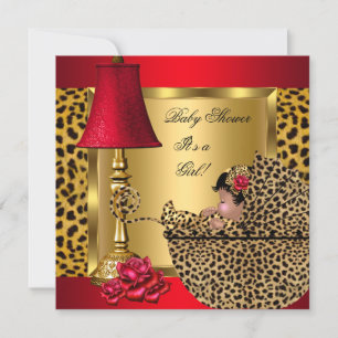 Baby Shower Girl Red Gold Rose Leopard Pram OM Einladung