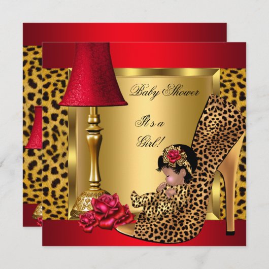 Baby Shower Girl Red Gold Rose Leopard ShowOM Einladung (Vorne/Hinten)