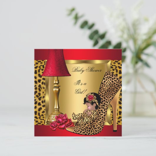 Baby Shower Girl Red Gold Rose Leopard ShowOM Einladung (Stehend Vorderseite)