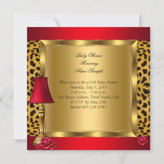 Baby Shower Girl Red Gold Rose Leopard ShowOM Einladung (Rückseite)