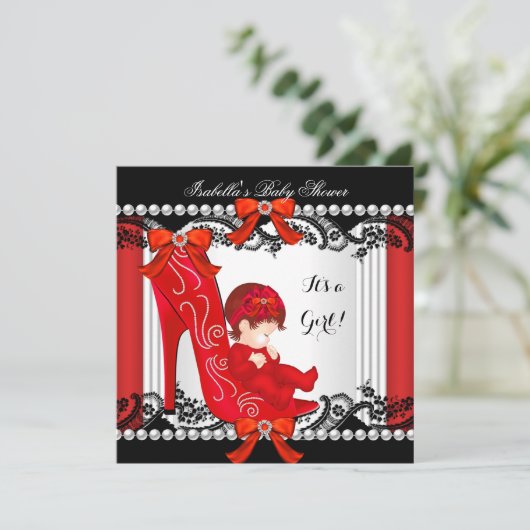 Baby Shower Girl Red High Heel Shoel Redhead Einladung (Stehend Vorderseite)
