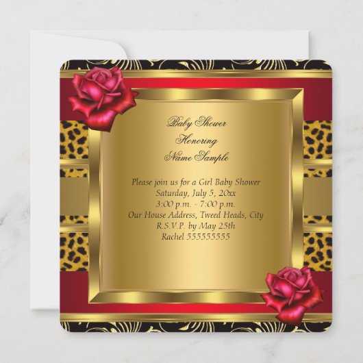 Baby Shower Girl Rote Rosen Gold Wild Leopard 3 Einladung (Rückseite)