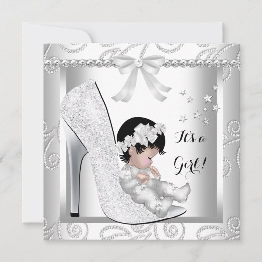 Baby Shower Girl Silver Gray White Diamond Shoe Einladung (Vorderseite)