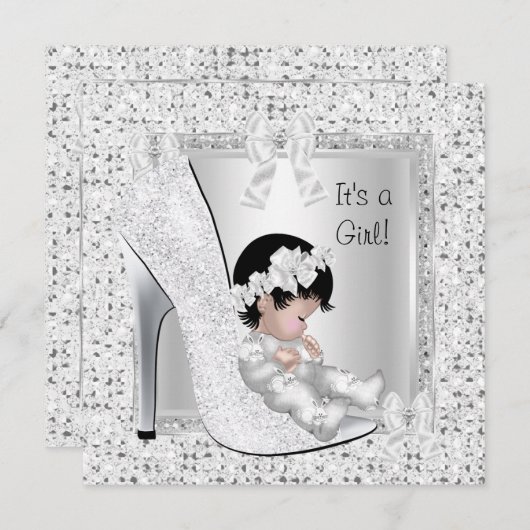 Baby Shower Girl Silver White Glitzer Shoe Einladung (Vorne/Hinten)