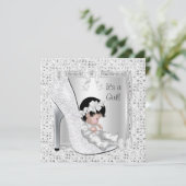 Baby Shower Girl Silver White Glitzer Shoe Einladung (Stehend Vorderseite)