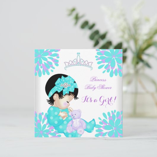 Baby Shower Girl Sweet Baby Aquamariner Lila Bär Einladung (Stehend Vorderseite)