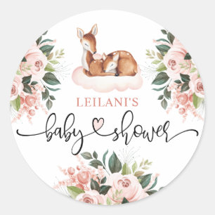 Baby Shower Girl Watercolor Deer Pink Floral Runder Aufkleber