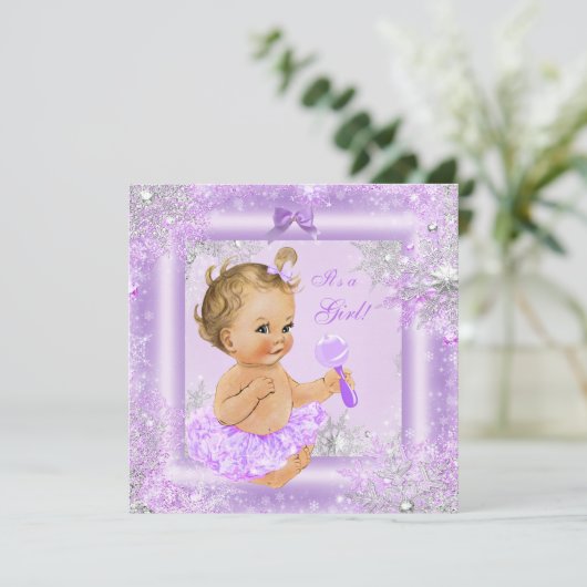 Baby Shower Girl Winter Lavender Snowflake Blonde Einladung (Stehend Vorderseite)