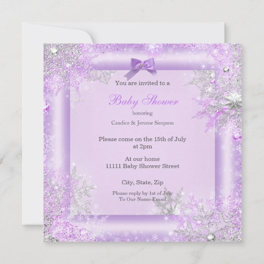 Baby Shower Girl Winter Lavender Snowflake Blonde Einladung (Rückseite)