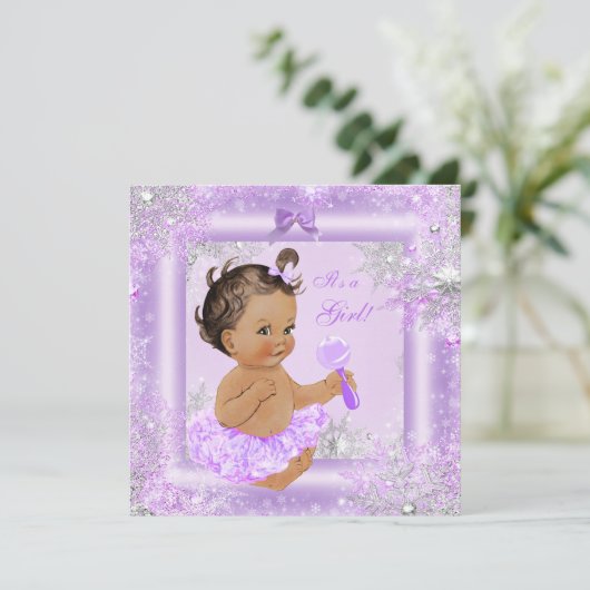 Baby Shower Girl Winter Lavender Snowflake Brunett Einladung (Stehend Vorderseite)