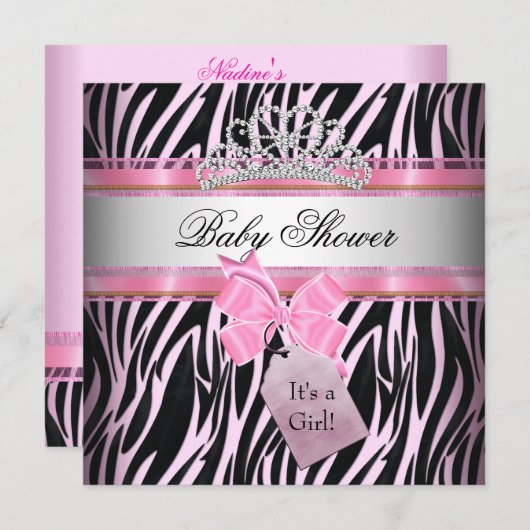 Baby Shower Girl Zebra Pink Princess Black Einladung (Vorne/Hinten)