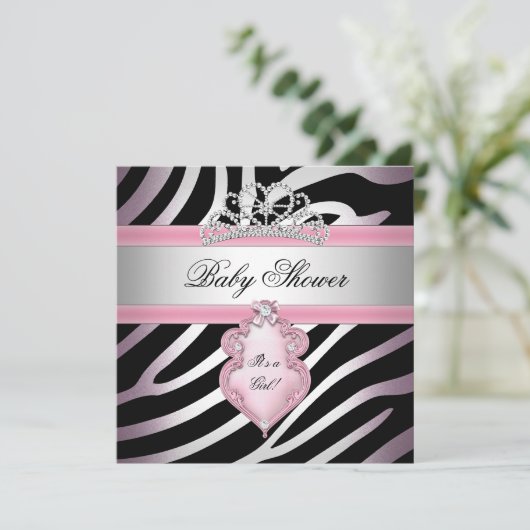Baby Shower Girl Zebra Pink Princess Black Einladung (Stehend Vorderseite)