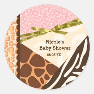 Baby Shower Girls Pink Safari Print Themed Party Runder Aufkleber
