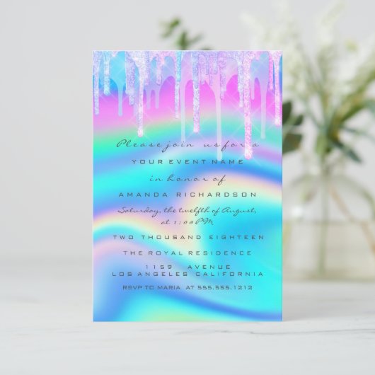 Baby Shower Girly Feet Tropfen Unicorn Holograph O Einladung (Stehend Vorderseite)