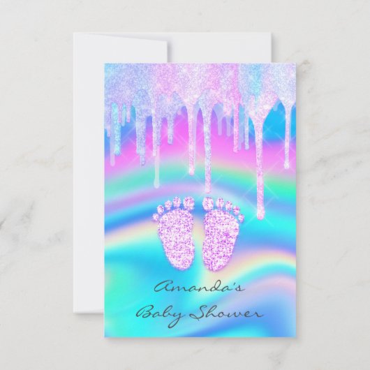 Baby Shower Girly Feet Tropfen Unicorn Holograph O Einladung (Rückseite)