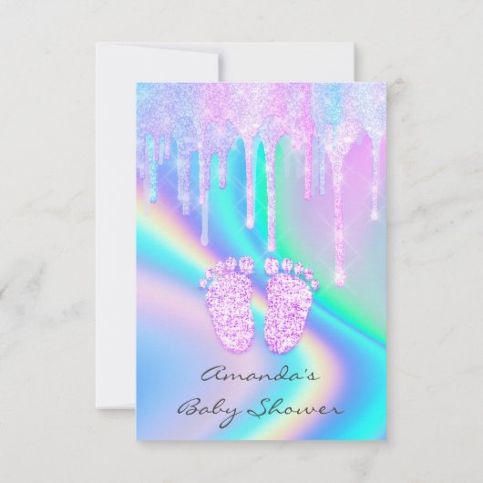 Baby Shower Girly Feet Tropfens Unicorn Holograph Einladung (Rückseite)