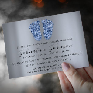 Baby Shower Glitzer Blue Feet Gray Boy Girl Einladung