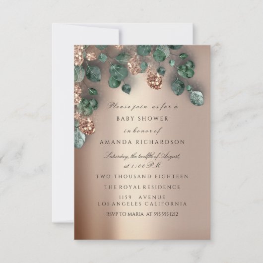 Baby Shower Glitzer Feet Rose Glitzer Eucalyptus Einladung (Vorderseite)