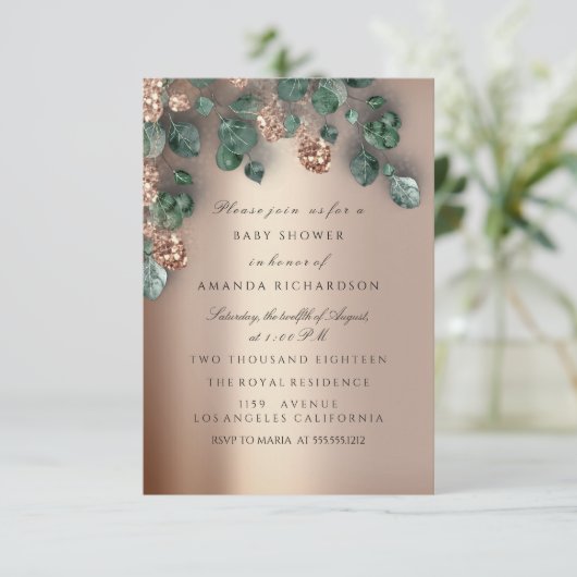 Baby Shower Glitzer Feet Rose Glitzer Eucalyptus Einladung (Stehend Vorderseite)