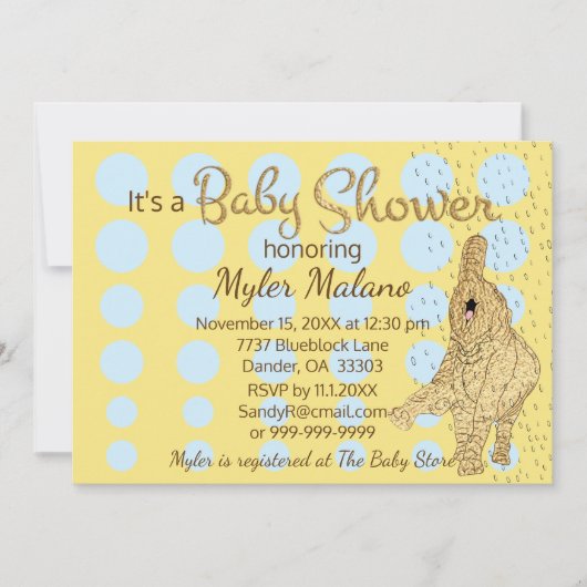 Baby Shower Gold Blue Baby Elephant Blue Einladung (Vorderseite)