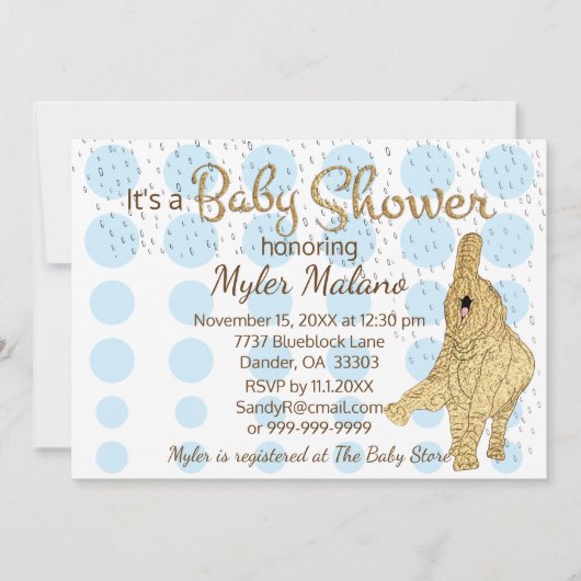 Baby Shower Gold Blue White Baby Elephant Einladung (Vorderseite)