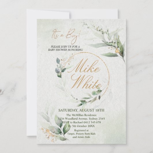 Baby Shower Gold und Green Design - Es ist ein Boy Einladung (Vorderseite)