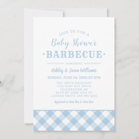 Baby Shower GRILLEN Pale Blue Gingham Kariert Einladung (Vorderseite)