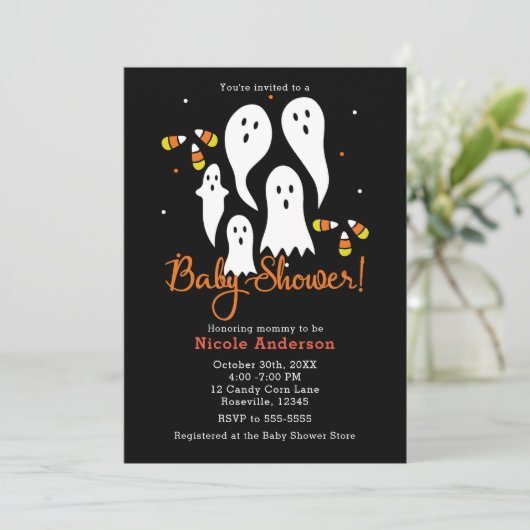 Baby Shower Halloween-Party Ghosts & Candy Corn Einladung (Stehend Vorderseite)