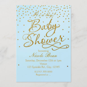 BABY SHOWER Hellblau & Gold Konfetti-Einladung Einladung