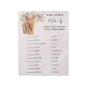 Baby-Shower Highland-Kuh Rosa Tier-Match-Up Notizblock