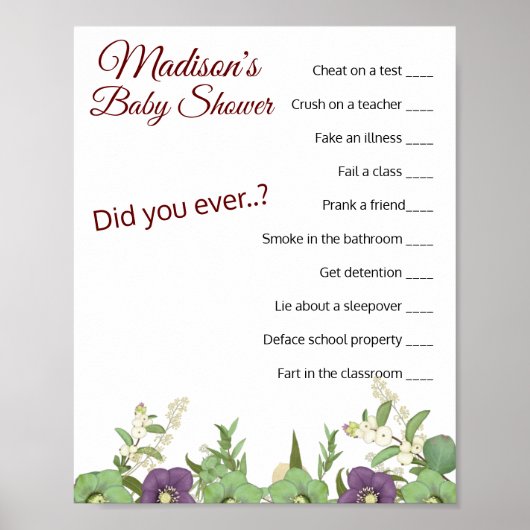 ✨ Baby Shower Ice Breaker School Daze Frage Poster (Vorne)