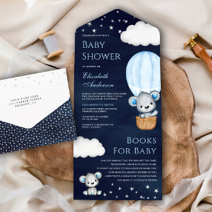 Baby Shower im Heißluftballon mit Teddybär in Navy All In One Einladung