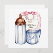 Baby Shower invitation bib, bottle and cup Einladung (Vorne/Hinten)