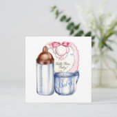 Baby Shower invitation bib, bottle and cup Einladung (Stehend Vorderseite)