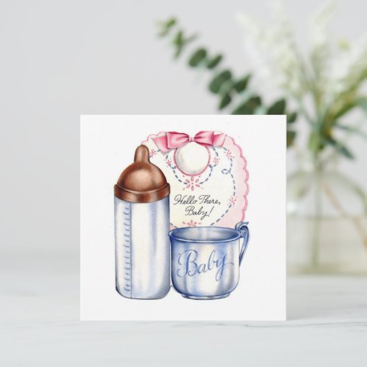 Baby Shower invitation bib, bottle and cup Einladung (Stehend Vorderseite)
