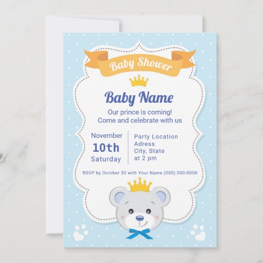 Baby Shower invitation prince bear (Vorderseite)