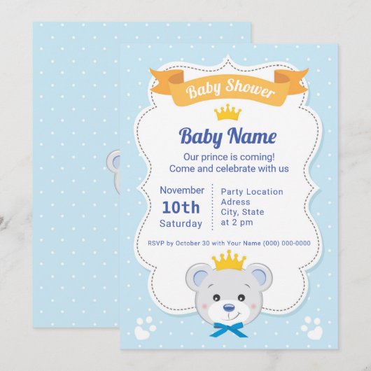 Baby Shower invitation prince bear (Vorne/Hinten)