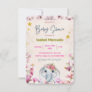 Baby Shower Invitation with Floral Elephant. Einladung